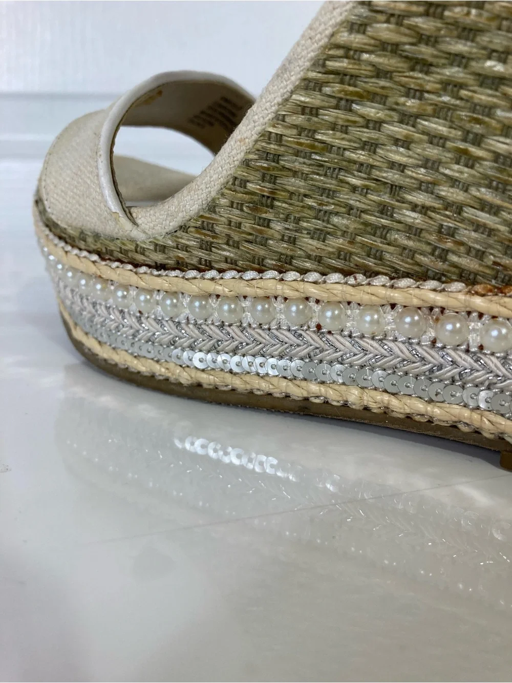 MIA Espadrilles Women 8 Strappy Wedge Pearls Sequins Cream Sandals